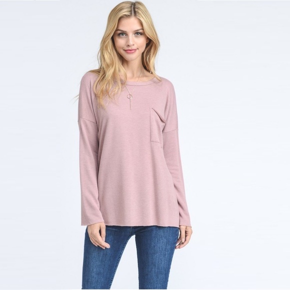 LAST Blue French Terry Long Sleeve Pocket Top - Picture 3 of 8